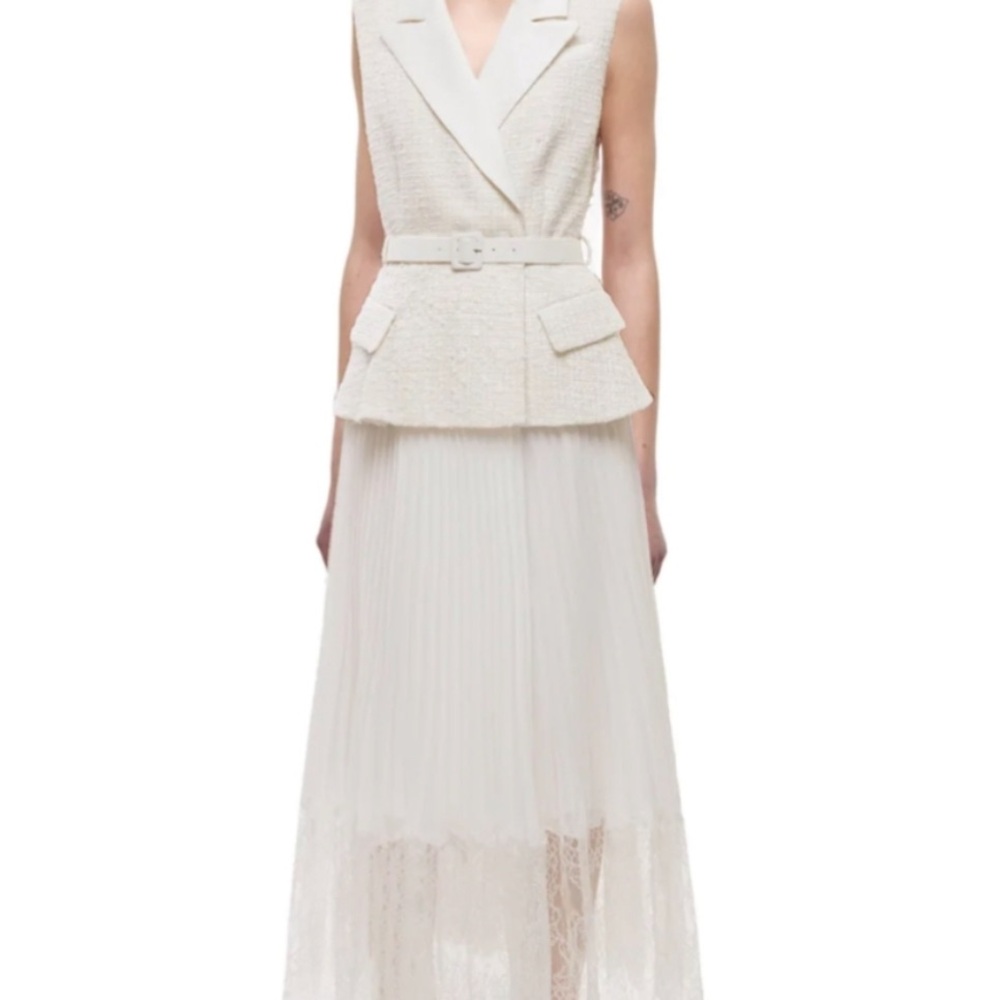 SLEEVELESS TAILORED BOUCLE AND CHIFFON MIDI DRESS